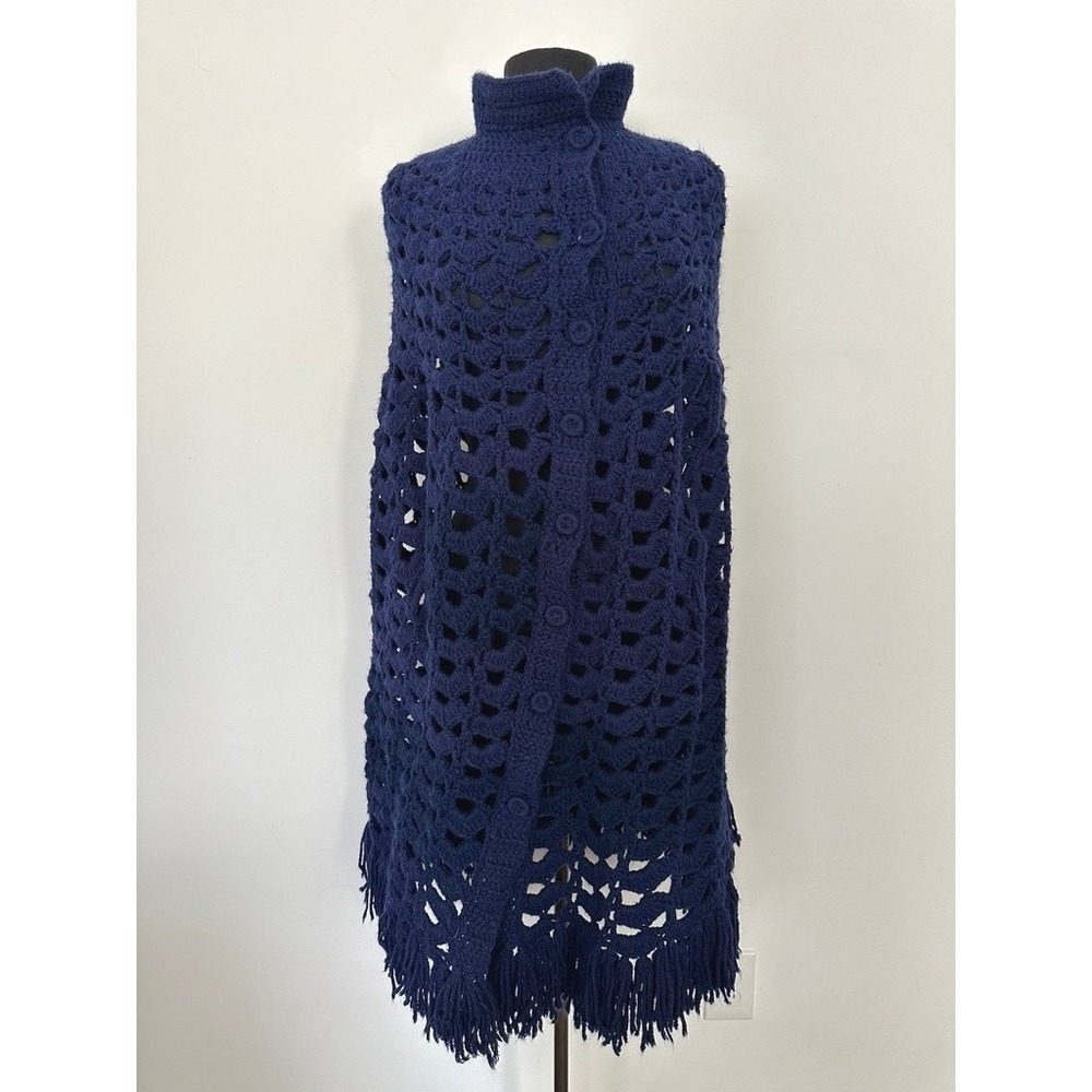 Vintage Boho Crochet Poncho Button Front Cape Arm Slits Blue Grandma Cottage